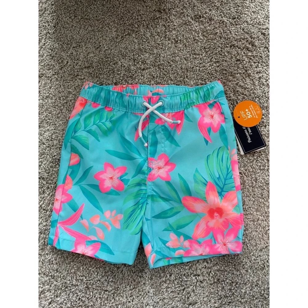 Gymboree Swim Trunks Toddler 5T Teal Pink Tropical Floral NWT UPF 50+